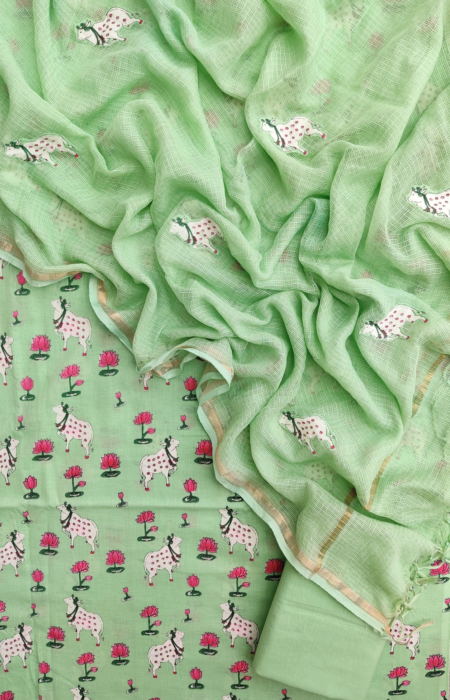 PICHWAI Printed Cotton Suit with Applique Work Kota Doria Dupatta