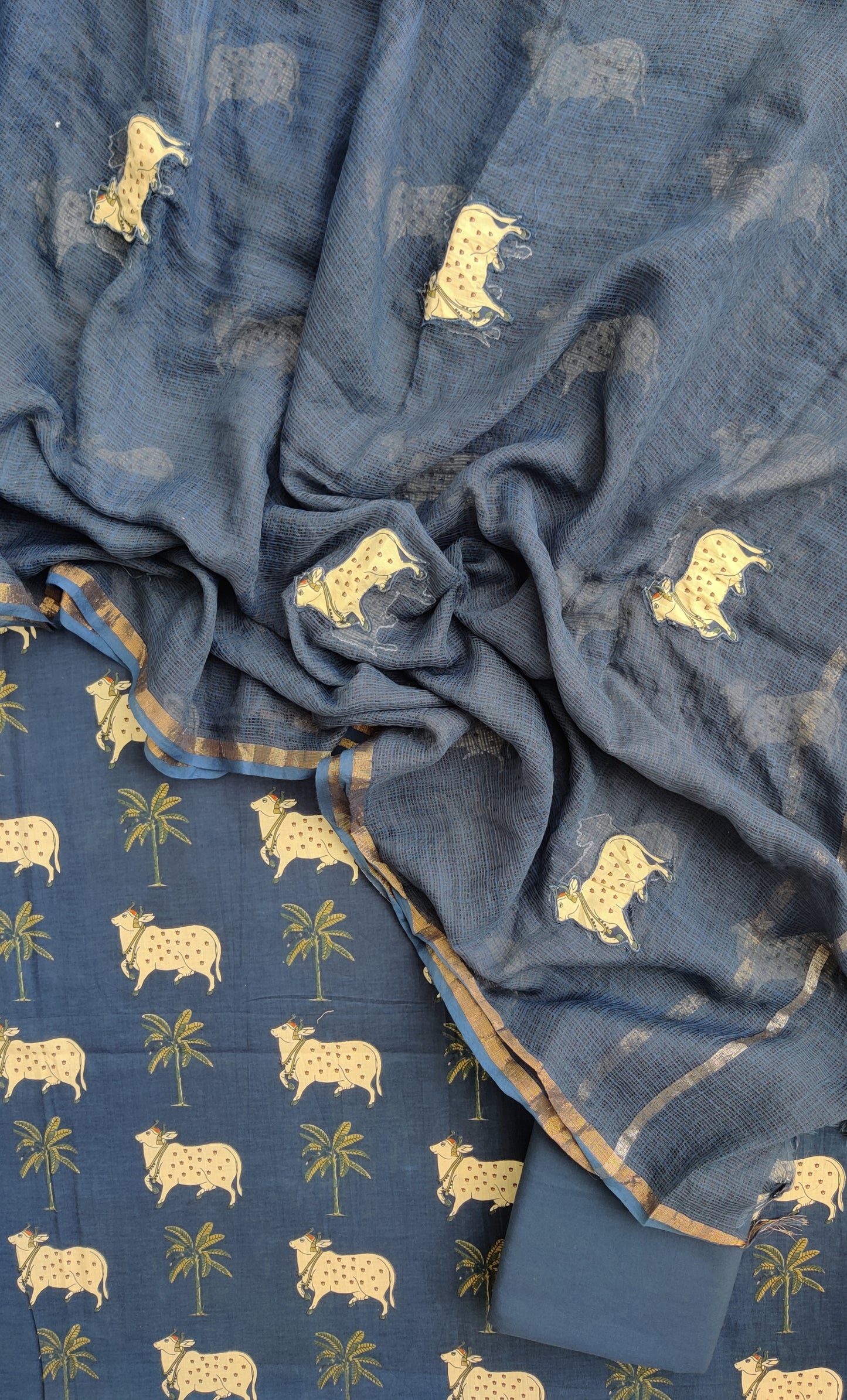 PICHWAI Printed Cotton Suit with Applique Work Kota Doria Dupatta