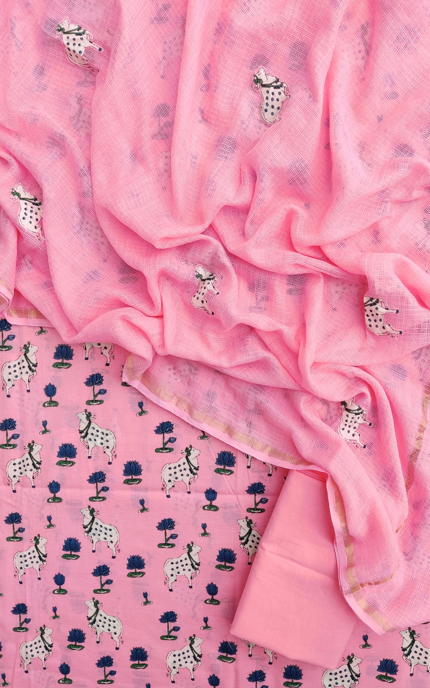 PICHWAI Printed Cotton Suit with Applique Work Kota Doria Dupatta