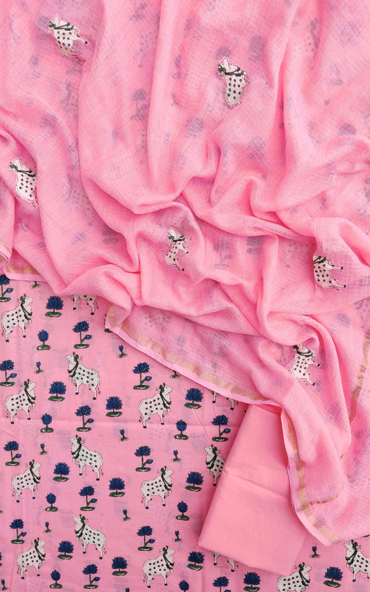 PICHWAI Printed Cotton Suit with Applique Work Kota Doria Dupatta