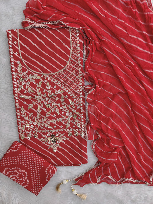 TEEJ SPECIAL           LEHRIYA PRINTED COTTON GOTA PATTI SUIT WITH LEHRIYA CHIFFON DUPATTA