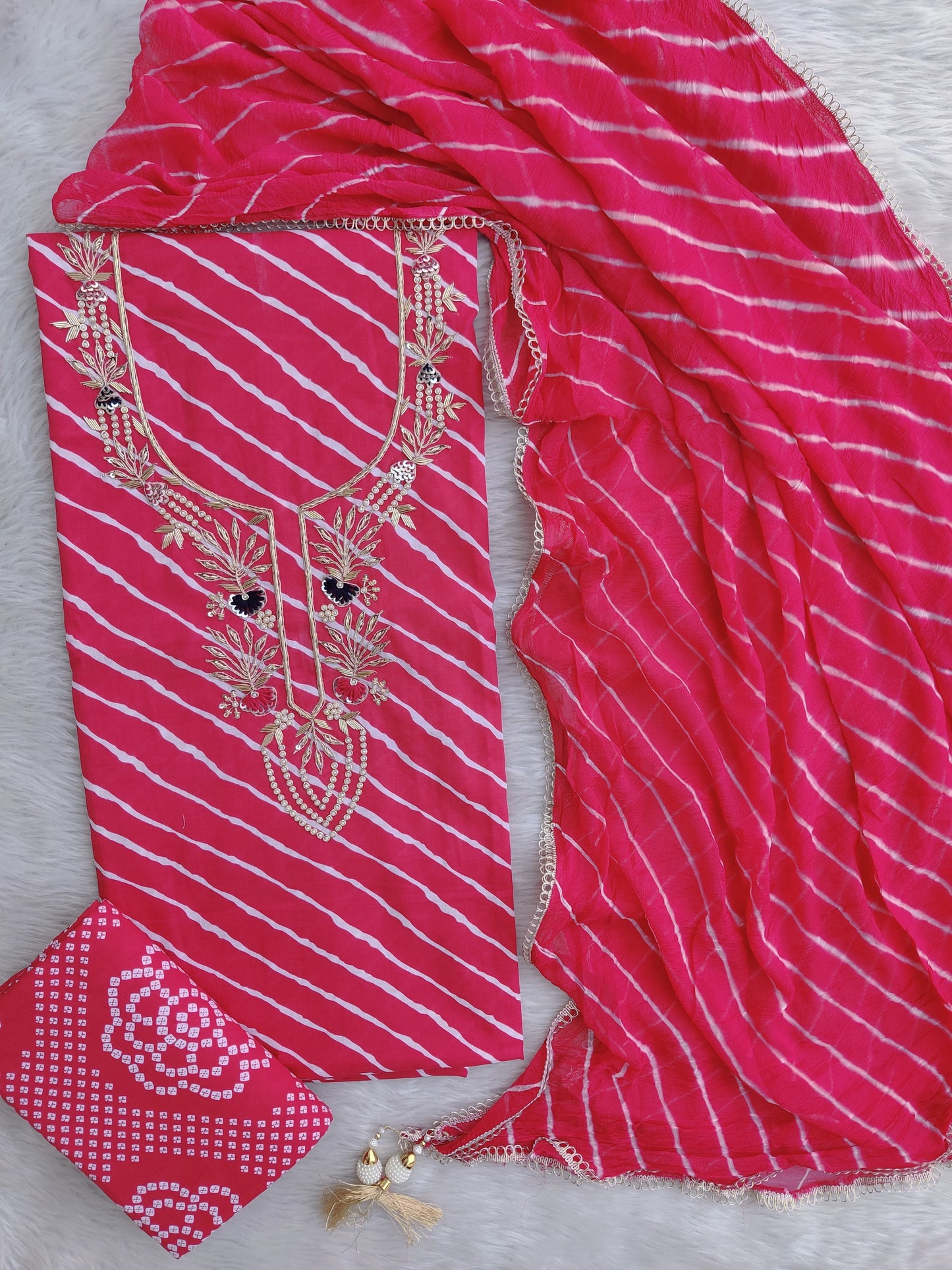 TEEJ SPECIAL           LEHRIYA PRINTED COTTON GOTA PATTI SUIT WITH LEHRIYA CHIFFON DUPATTA