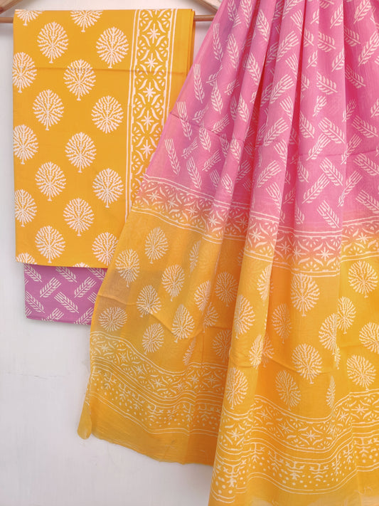 Hand Block Printed Cotton Suit With Mulmul Cotton Dupatta