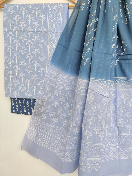 Hand Block Printed Cotton Suit With Mulmul Cotton Dupatta
