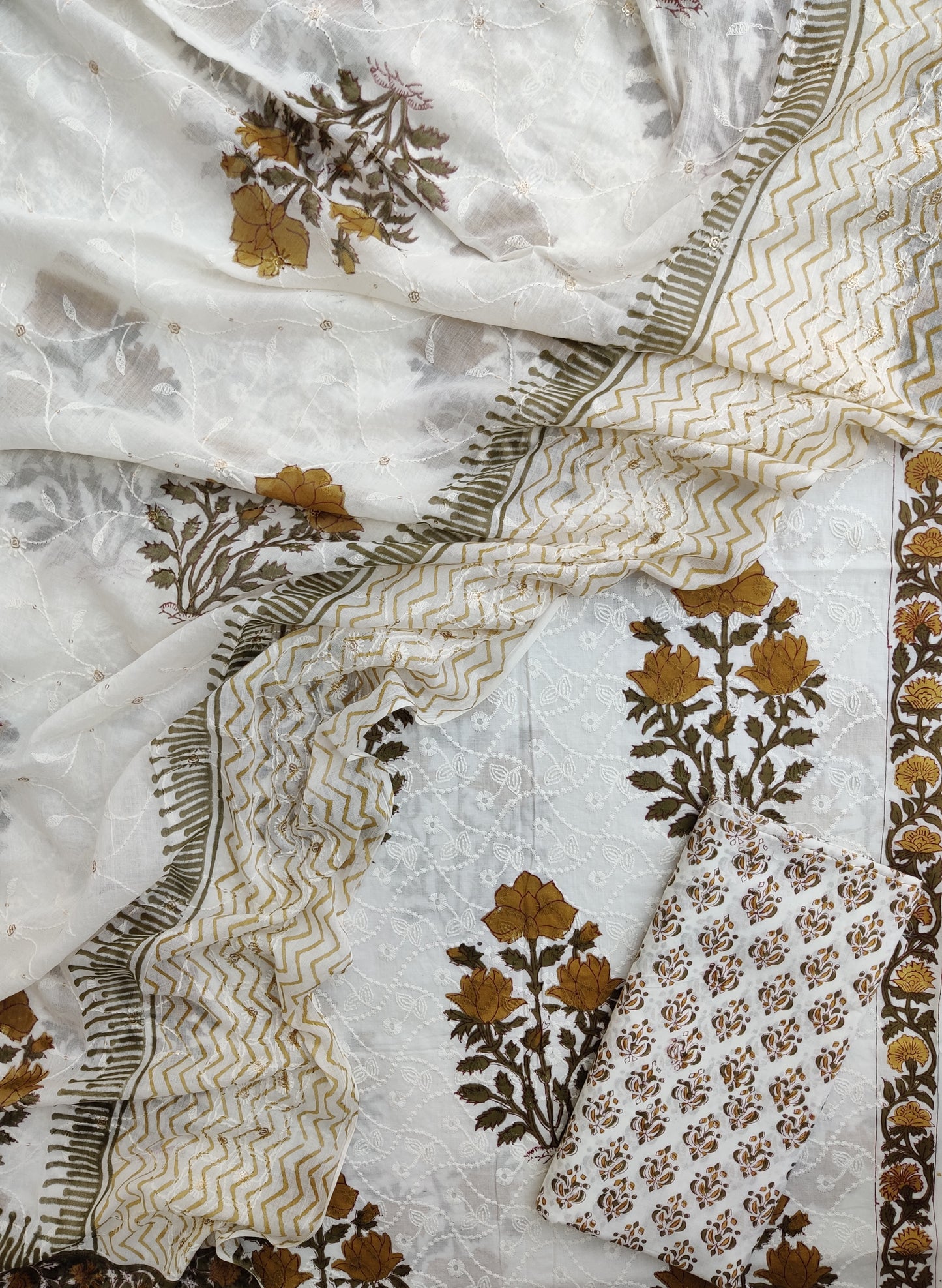 Hand Block Printed Cotton Schiffli Suit with Mulmul Embroidery Dupatta