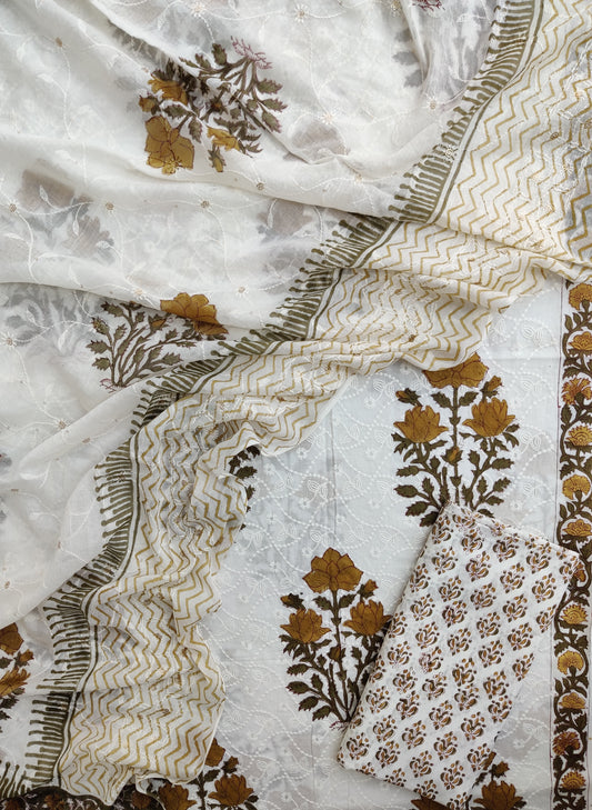 Hand Block Printed Cotton Schiffli Suit with Mulmul Embroidery Dupatta