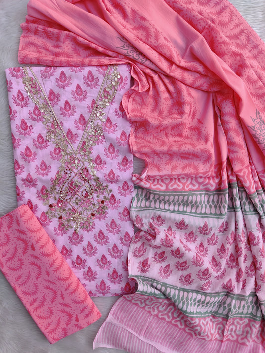 FLORAL PRINTED COTTON GOTA PATTI SUIT WITH COTTON DUPATTA