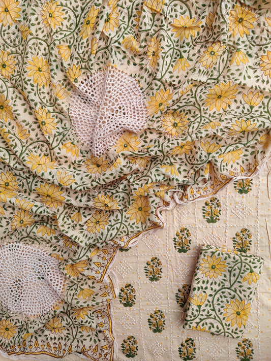 NEW LAUNCH              Aligarh Hand Embroidery Cotton Neck Work Suits with Mulmul Crosia Dupatta