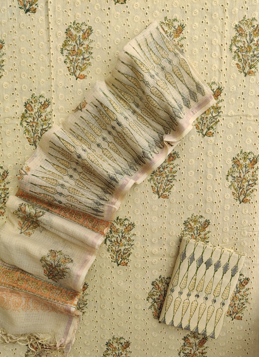 Hand Block Printed Cotton Schiffli Suit with Kota Doria Dupatta