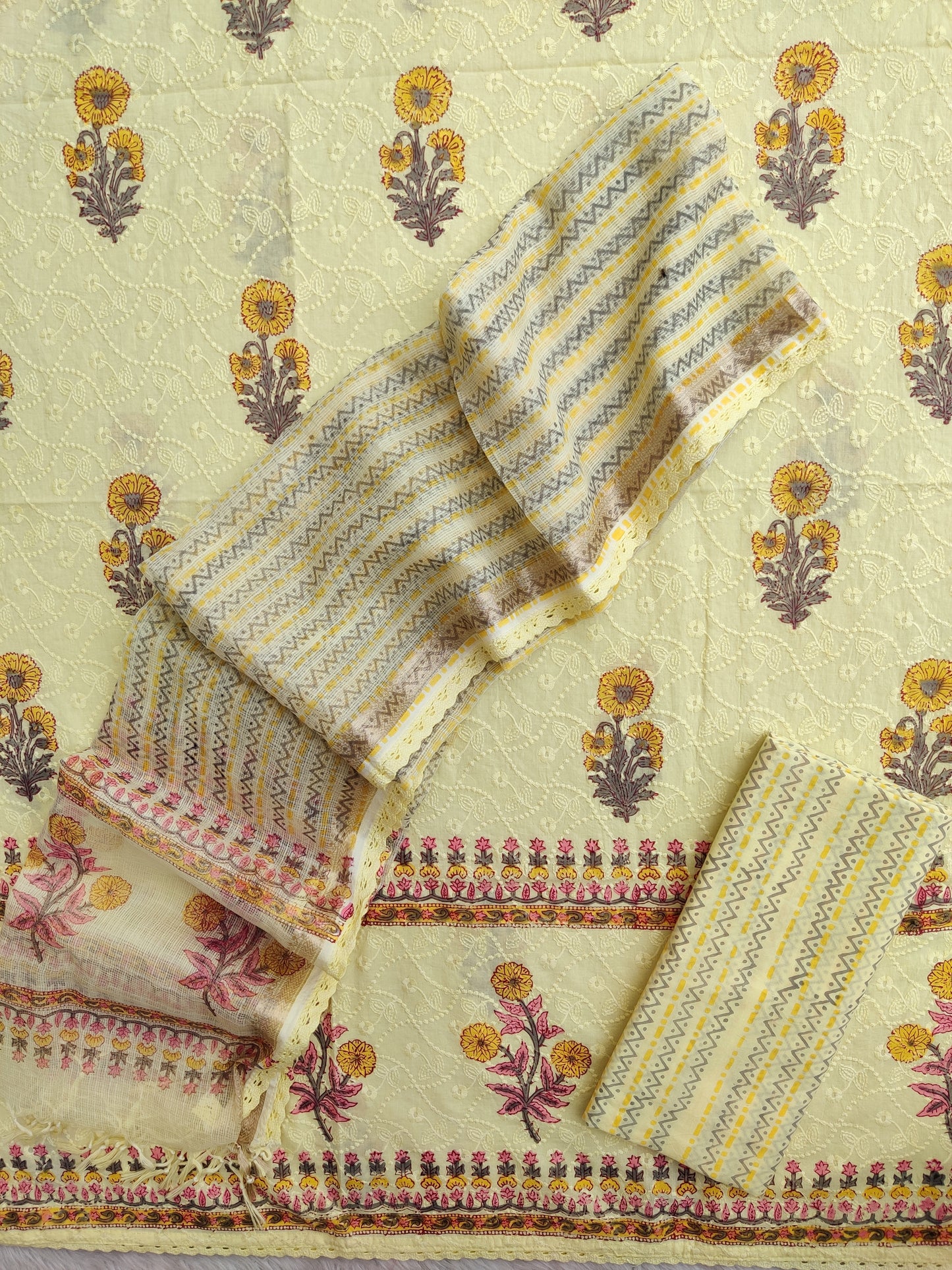 Hand Block Printed Cotton Schiffli Suit with Kota Doria Dupatta