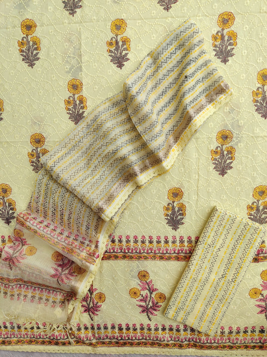 Hand Block Printed Cotton Schiffli Suit with Kota Doria Dupatta