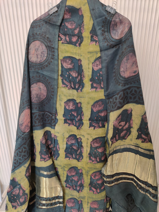 (NASHPAL) Hand Block Printed Modal Silk TOP with Modal Silk Lagdi Patta Dupatta (NO BOTTOM)