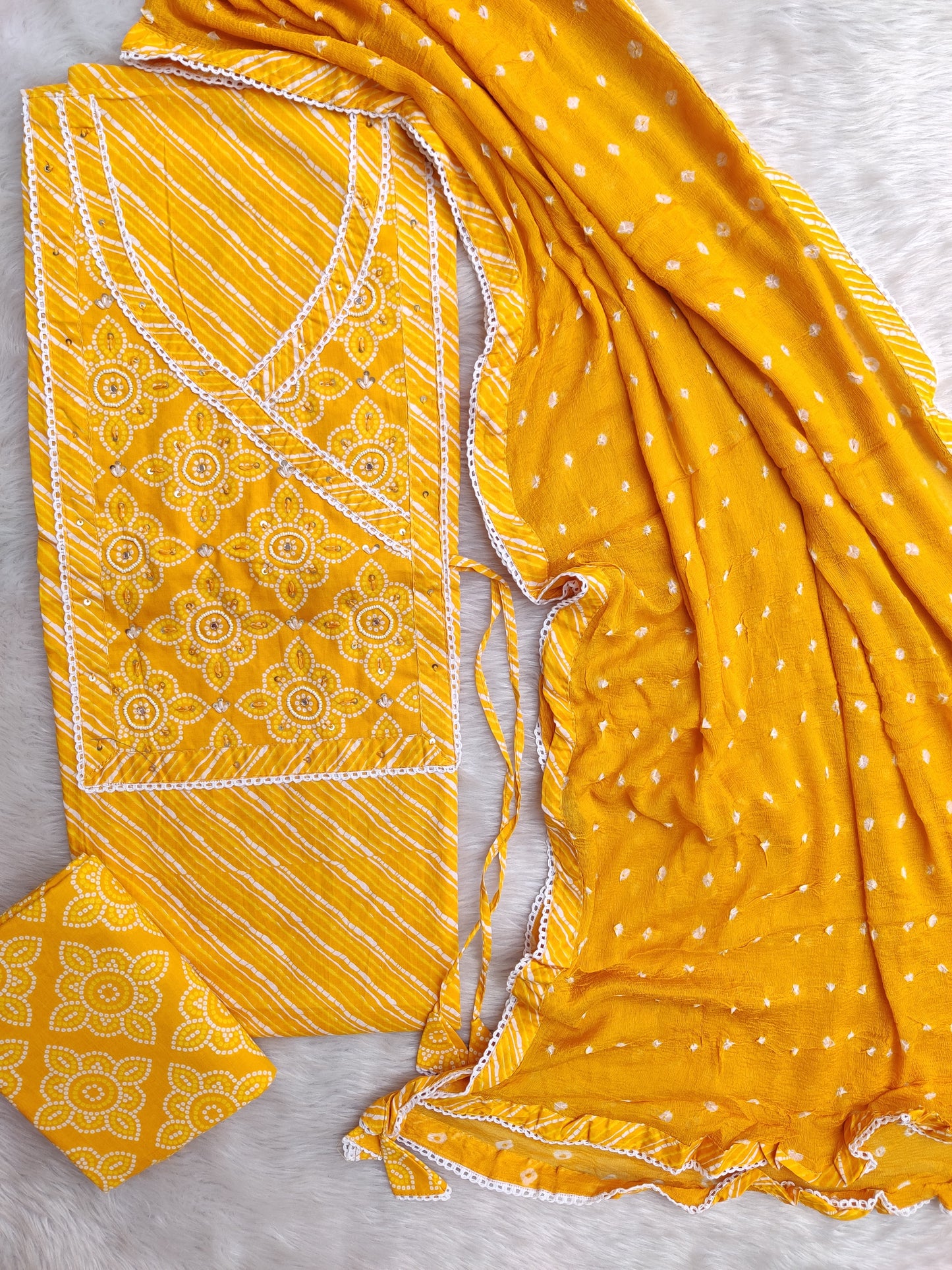 TEEJ SPECIAL           LEHRIYA PRINTED COTTON NECK WORK SUIT WITH BANDHEJ CHIFFON DUPATTA