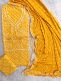 TEEJ SPECIAL           LEHRIYA PRINTED COTTON NECK WORK SUIT WITH BANDHEJ CHIFFON DUPATTA