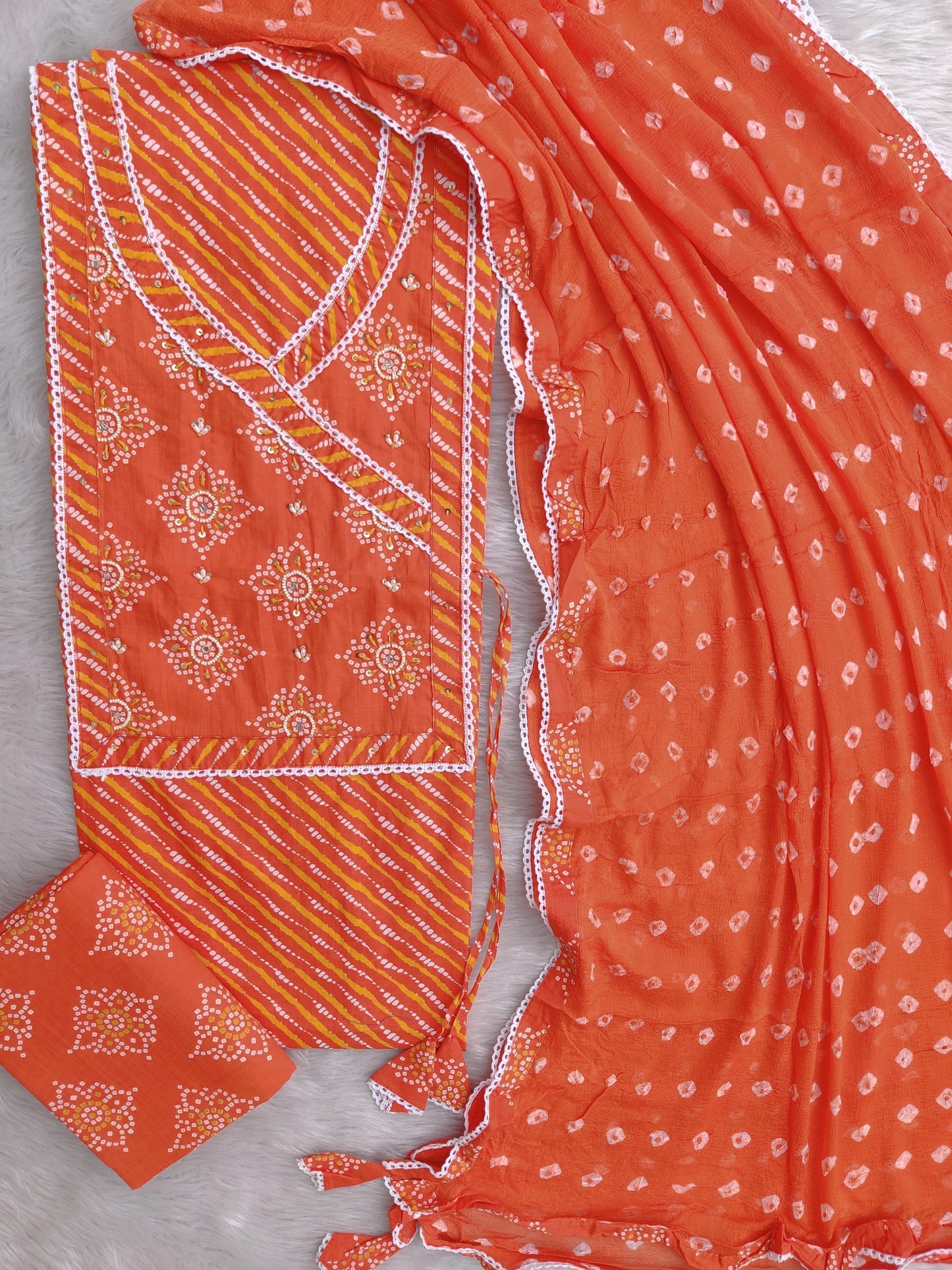 TEEJ SPECIAL           LEHRIYA PRINTED COTTON NECK WORK SUIT WITH BANDHEJ CHIFFON DUPATTA