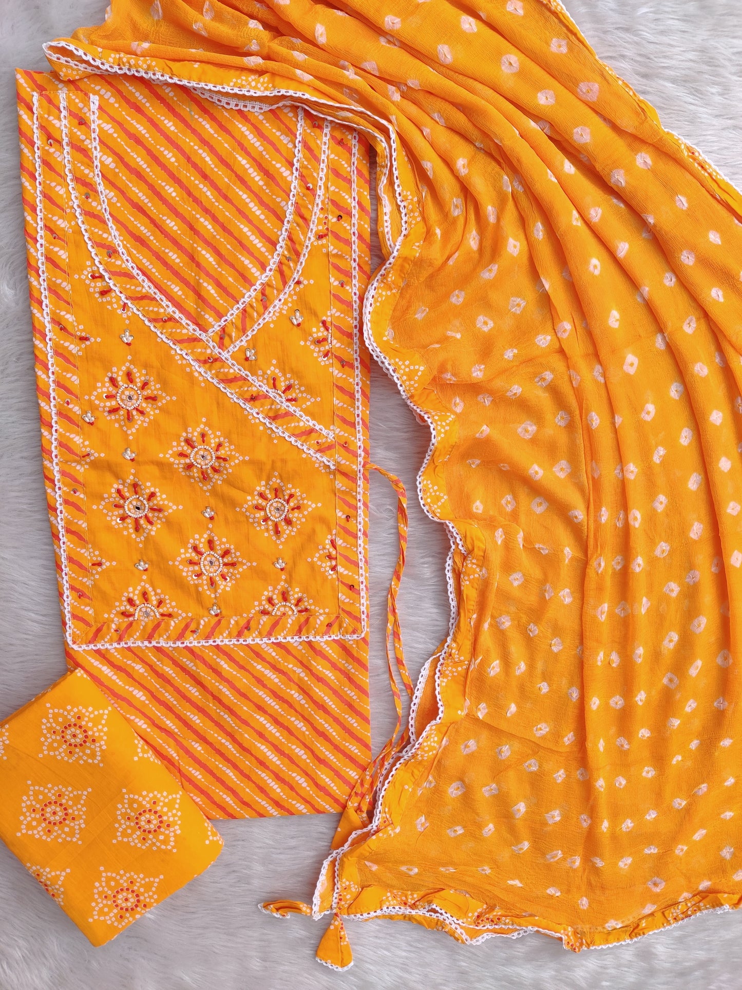 TEEJ SPECIAL           LEHRIYA PRINTED COTTON NECK WORK SUIT WITH BANDHEJ CHIFFON DUPATTA