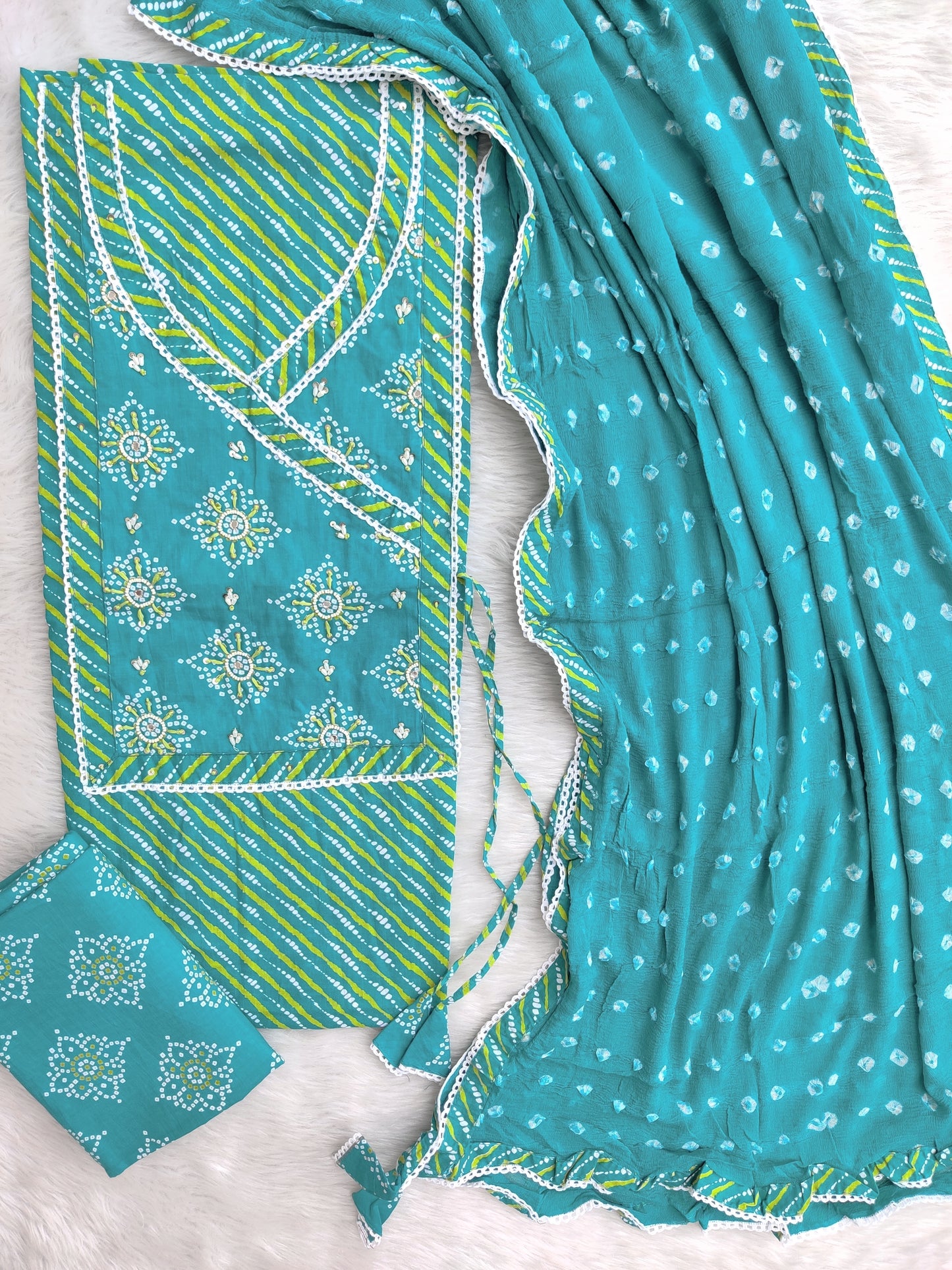TEEJ SPECIAL           LEHRIYA PRINTED COTTON NECK WORK SUIT WITH BANDHEJ CHIFFON DUPATTA