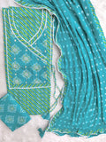TEEJ SPECIAL           LEHRIYA PRINTED COTTON NECK WORK SUIT WITH BANDHEJ CHIFFON DUPATTA