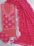 TEEJ SPECIAL           LEHRIYA PRINTED COTTON NECK WORK SUIT WITH LEHRIYA CHIFFON DUPATTA