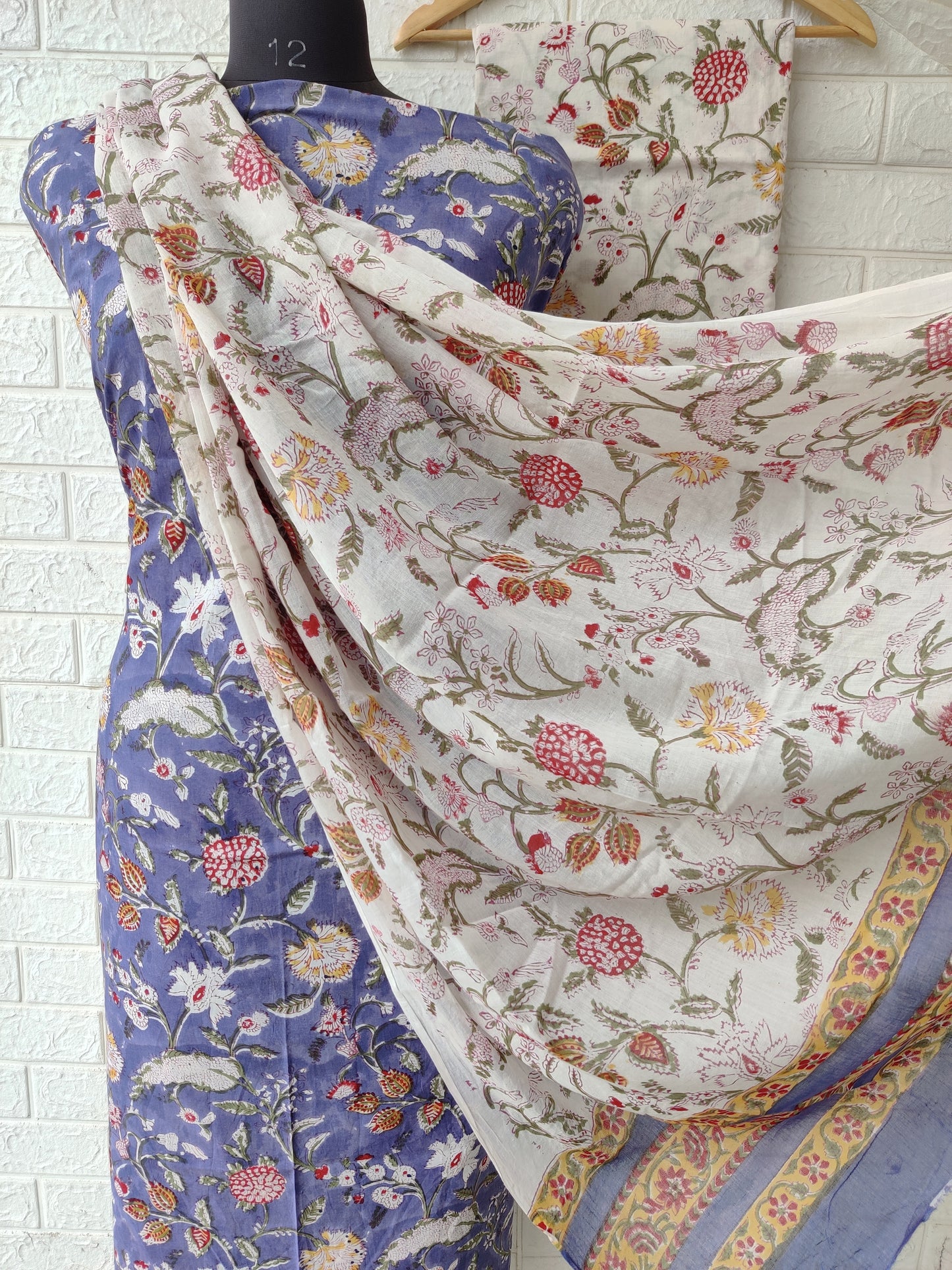 Hand Block Printed Cotton Suit With Mulmul Cotton Dupatta