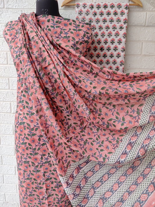 Hand Block Printed Cotton Suit With Mulmul Cotton Dupatta