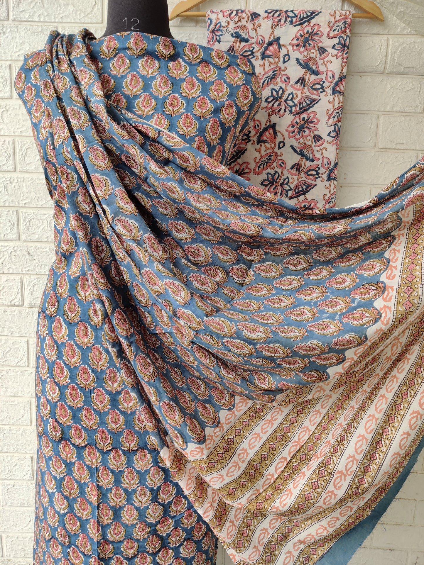 Hand Block Printed Cotton Suit With Mulmul Cotton Dupatta