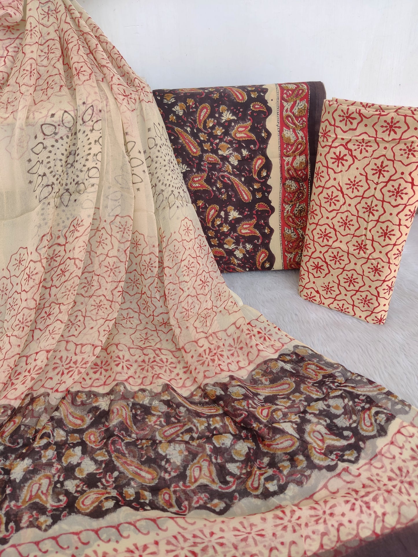 KALAMKARI Hand Block Printed Cotton Suit with Pure Chiffon dupatta
