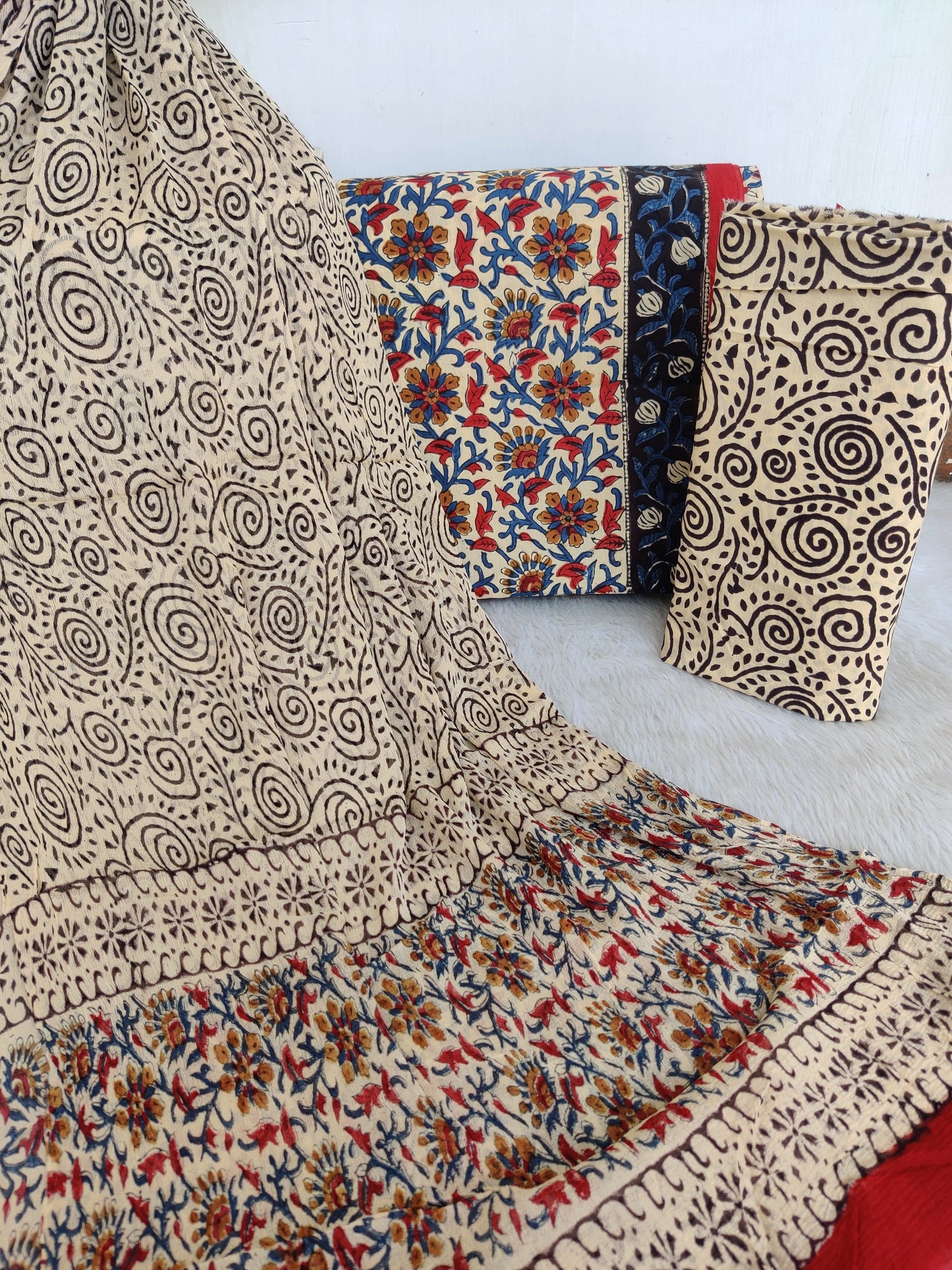 KALAMKARI Hand Block Printed Cotton Suit with Pure Chiffon dupatta