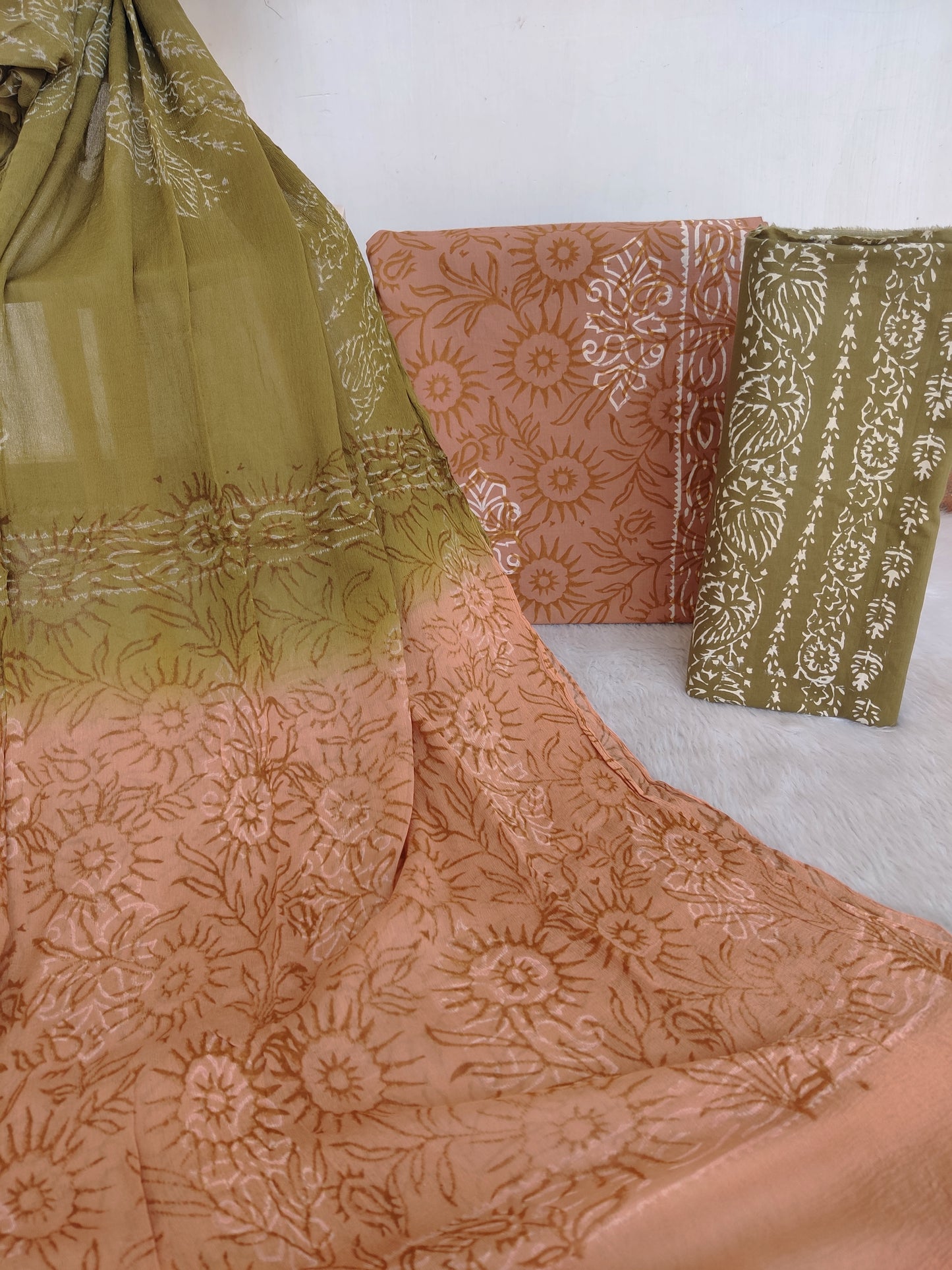 Hand Block Printed Cotton Suit with Pure Chiffon dupatta