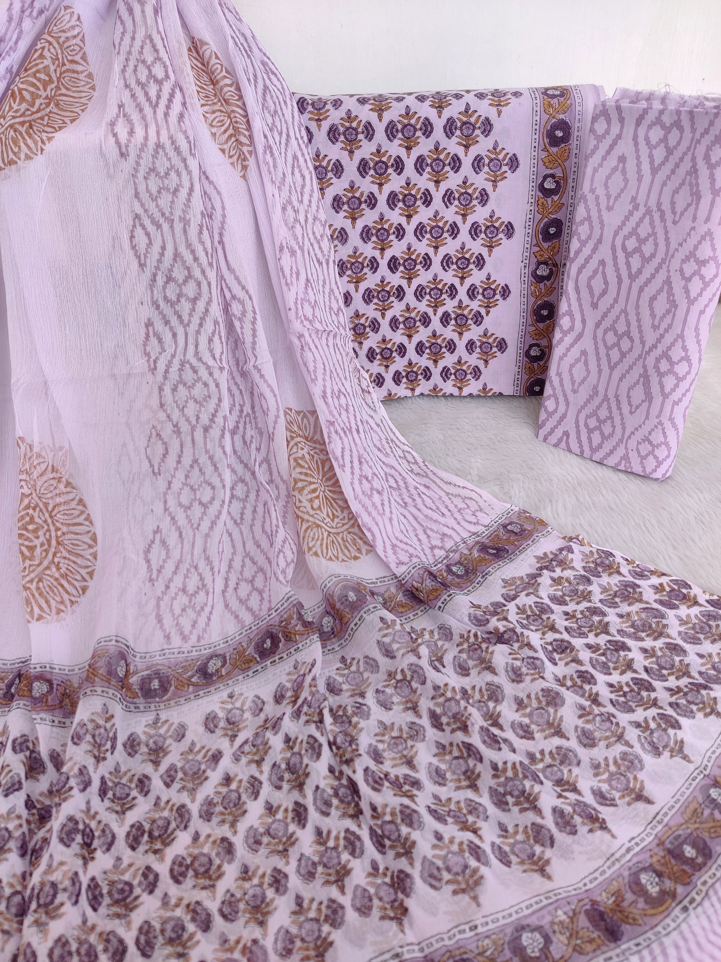Hand Block Printed Cotton Suit with Pure Chiffon dupatta