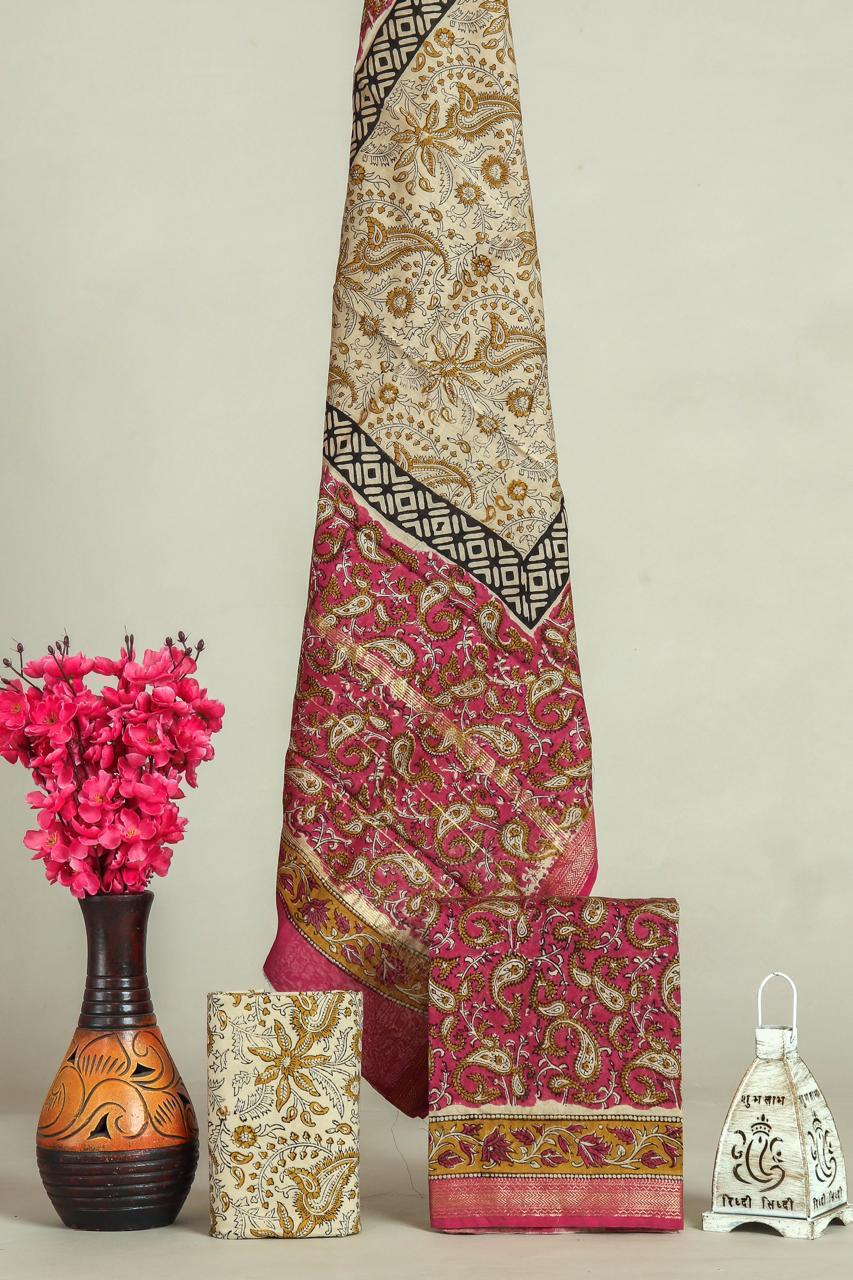 HAND BLOCK PRINTED MAHESHWARI SILK SUIT WITH MAHESHWARI SILK DUPATTA