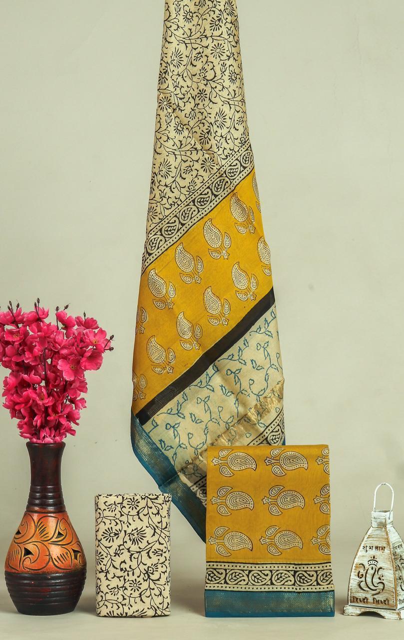 HAND BLOCK PRINTED MAHESHWARI SILK SUIT WITH MAHESHWARI SILK DUPATTA