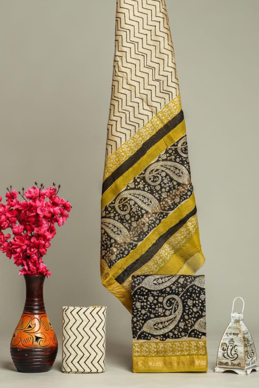 HAND BLOCK PRINTED MAHESHWARI SILK SUIT WITH MAHESHWARI SILK DUPATTA