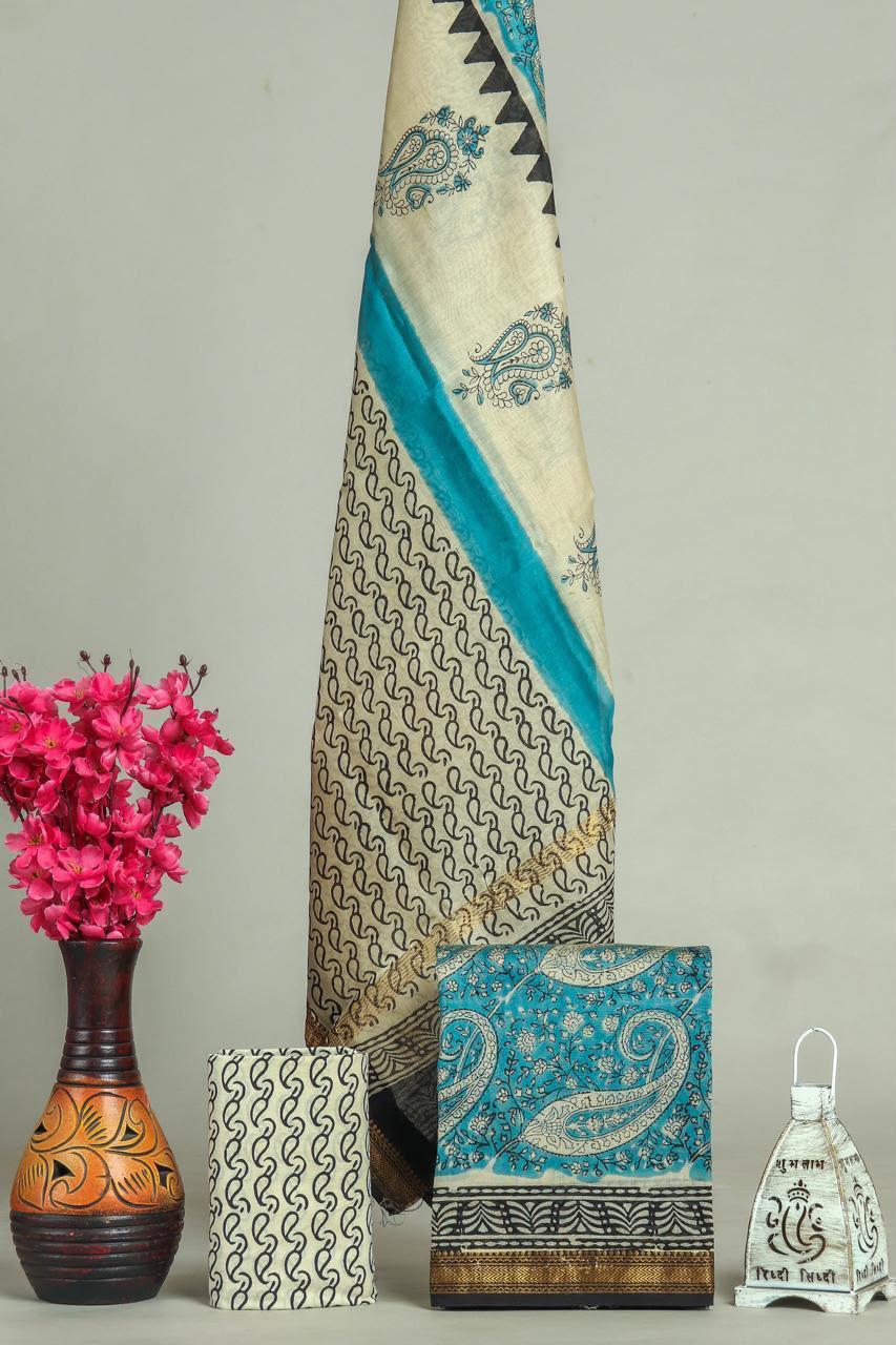 HAND BLOCK PRINTED MAHESHWARI SILK SUIT WITH MAHESHWARI SILK DUPATTA