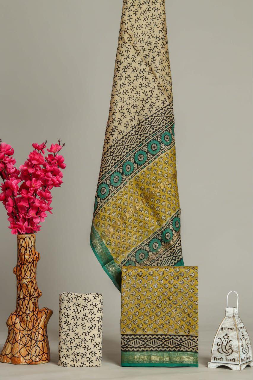 HAND BLOCK PRINTED MAHESHWARI SILK SUIT WITH MAHESHWARI SILK DUPATTA