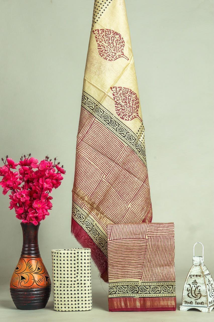 HAND BLOCK PRINTED MAHESHWARI SILK SUIT WITH MAHESHWARI SILK DUPATTA