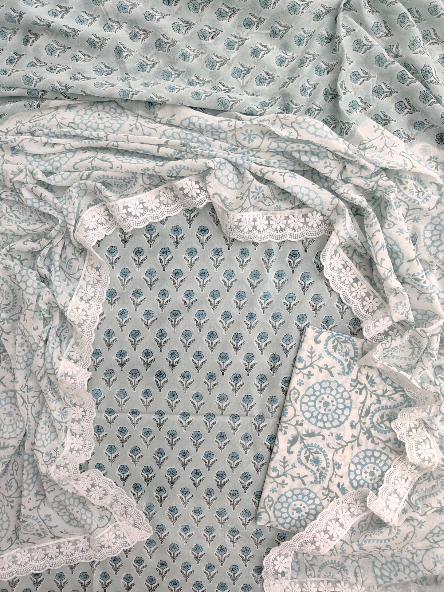 Hand Block Printed Cotton Suit With Lace Work Mulmul Dupatta