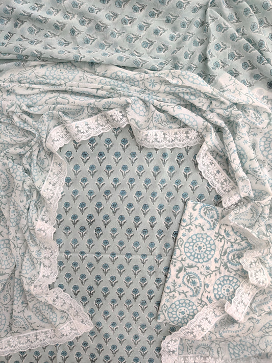 Hand Block Printed Cotton Suit With Lace Work Mulmul Dupatta