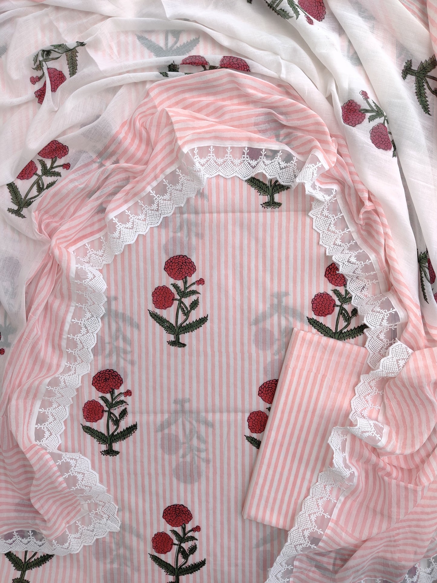 Hand Block Printed Cotton Suit With Lace Work Mulmul Dupatta
