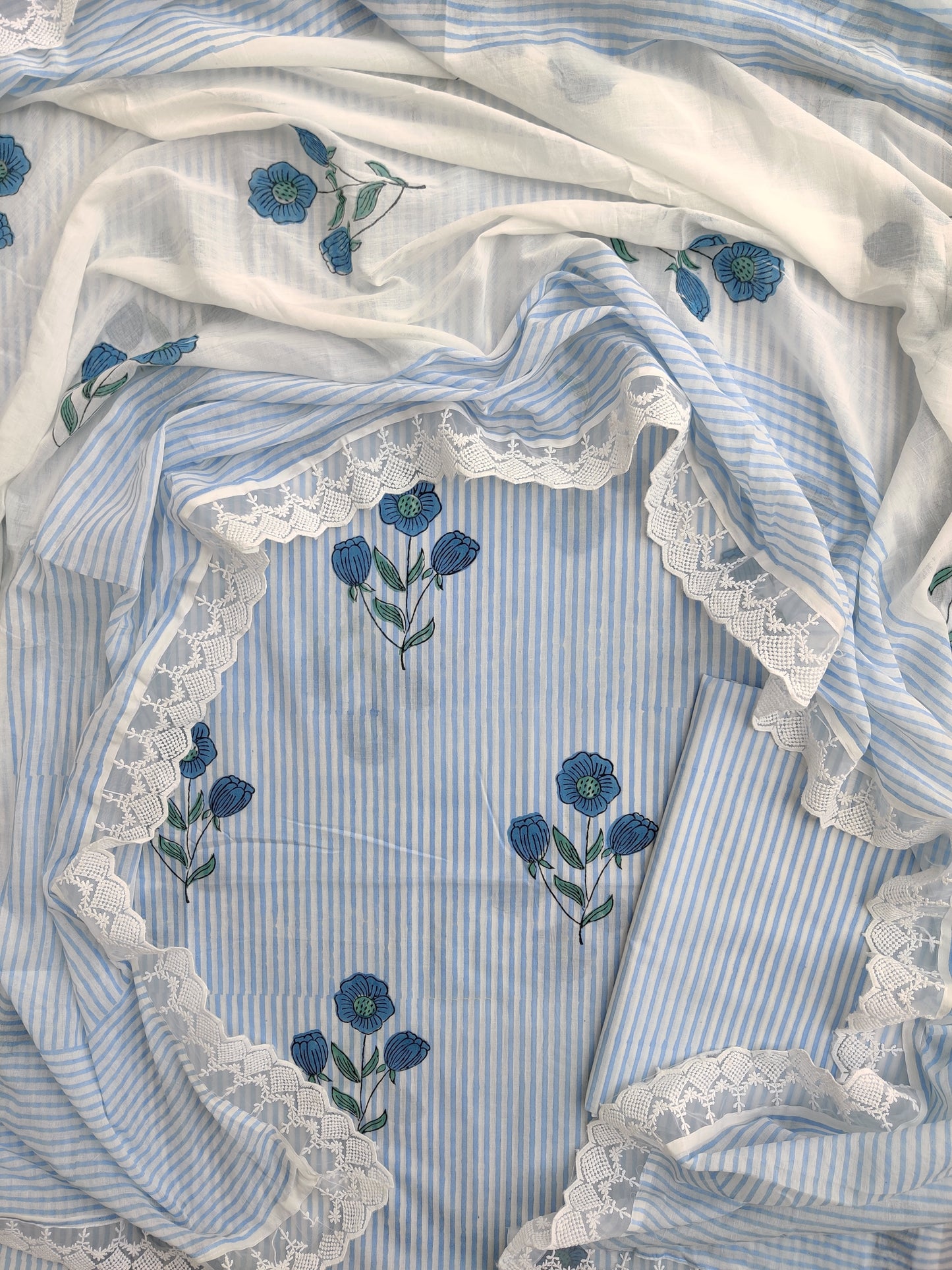 Hand Block Printed Cotton Suit With Lace Work Mulmul Dupatta