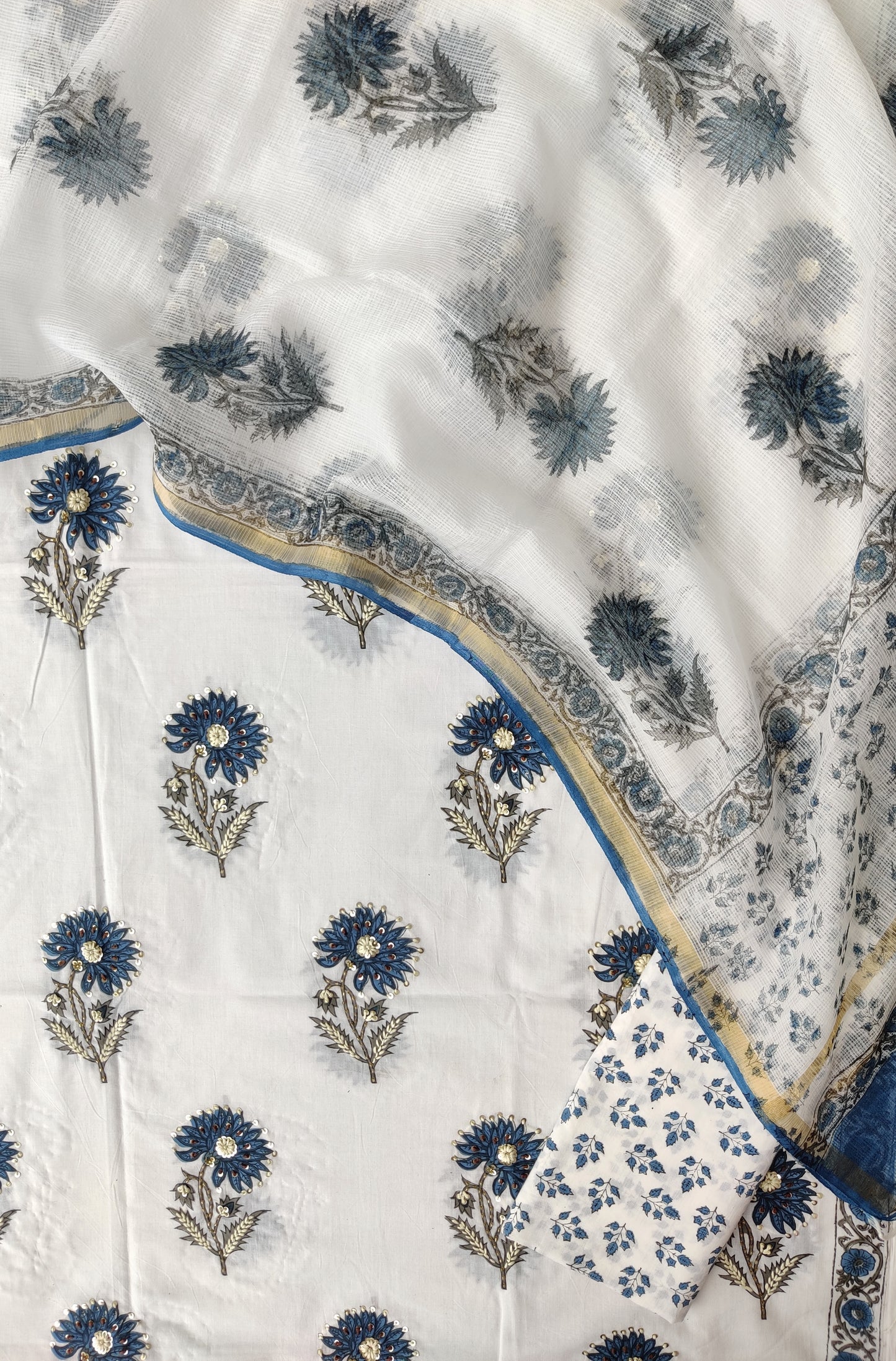 (SALE) Hand Block Printed  Cotton Embroidery Suit with Cotton Kota Doria dupatta