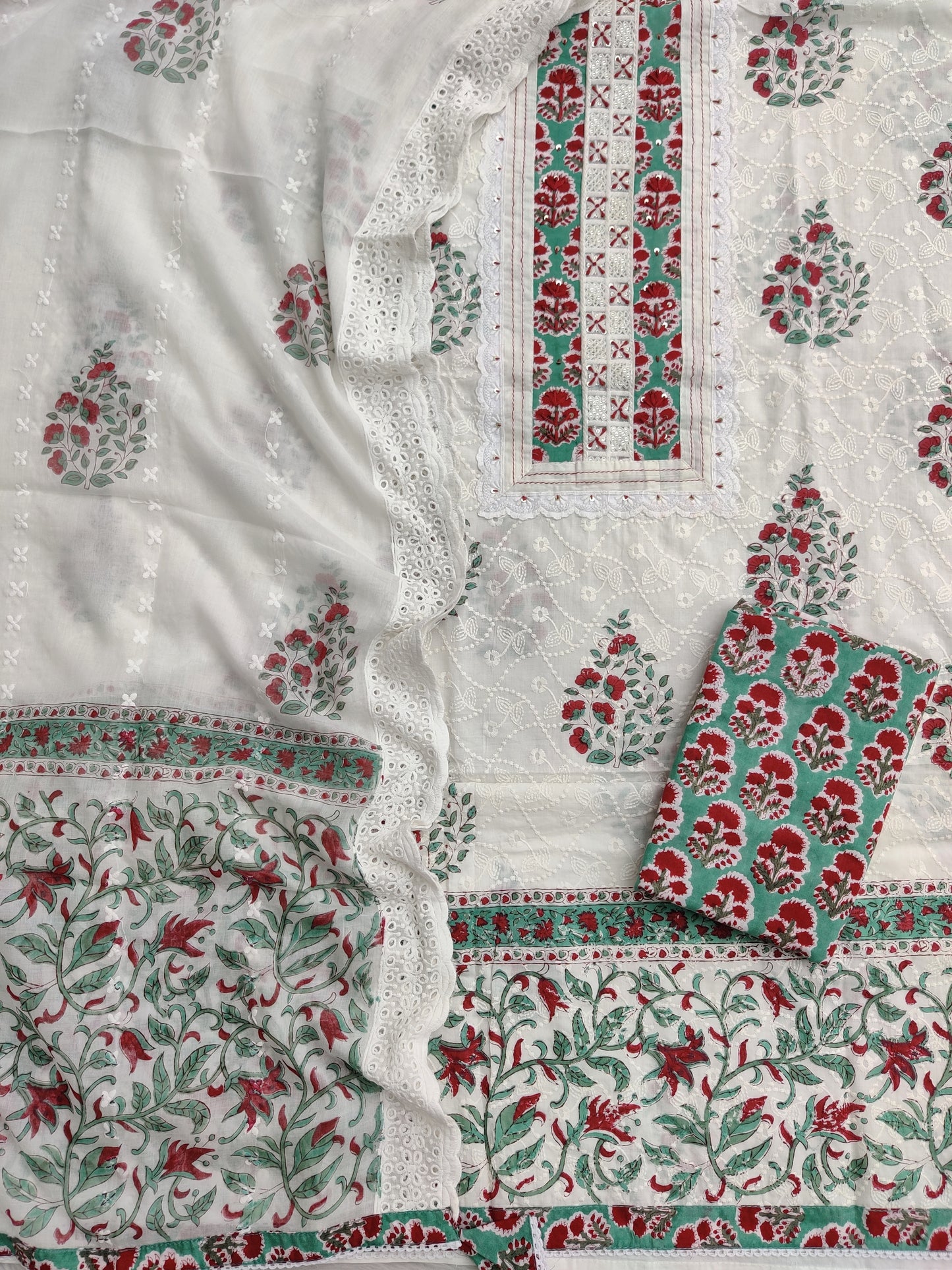 Exclusive Unstitched Cotton Suit with Mulmul Embroidery Dupatta