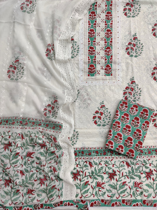 Exclusive Unstitched Cotton Suit with Mulmul Embroidery Dupatta