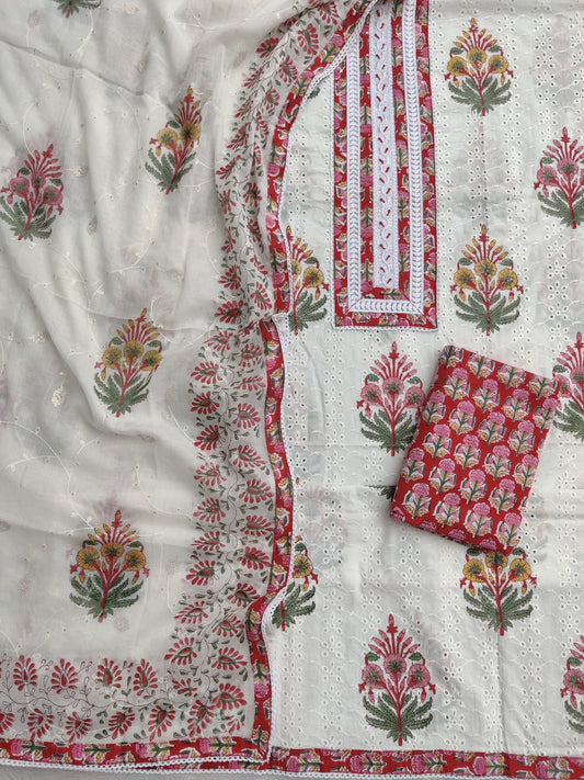 Exclusive Unstitched Cotton Suit with Mulmul Embroidery Dupatta