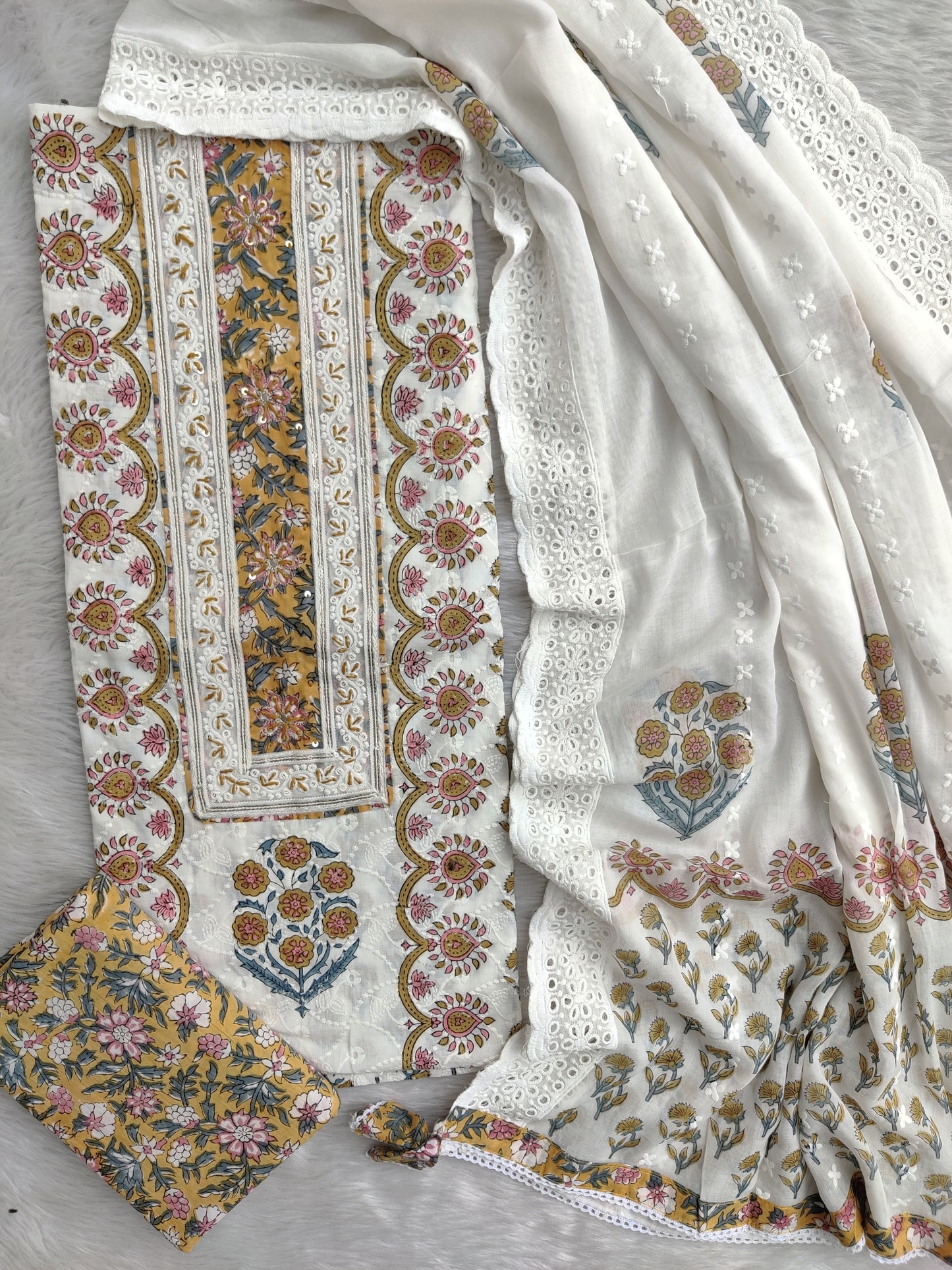Exclusive Unstitched Cotton Suit with Mulmul Embroidery Dupatta
