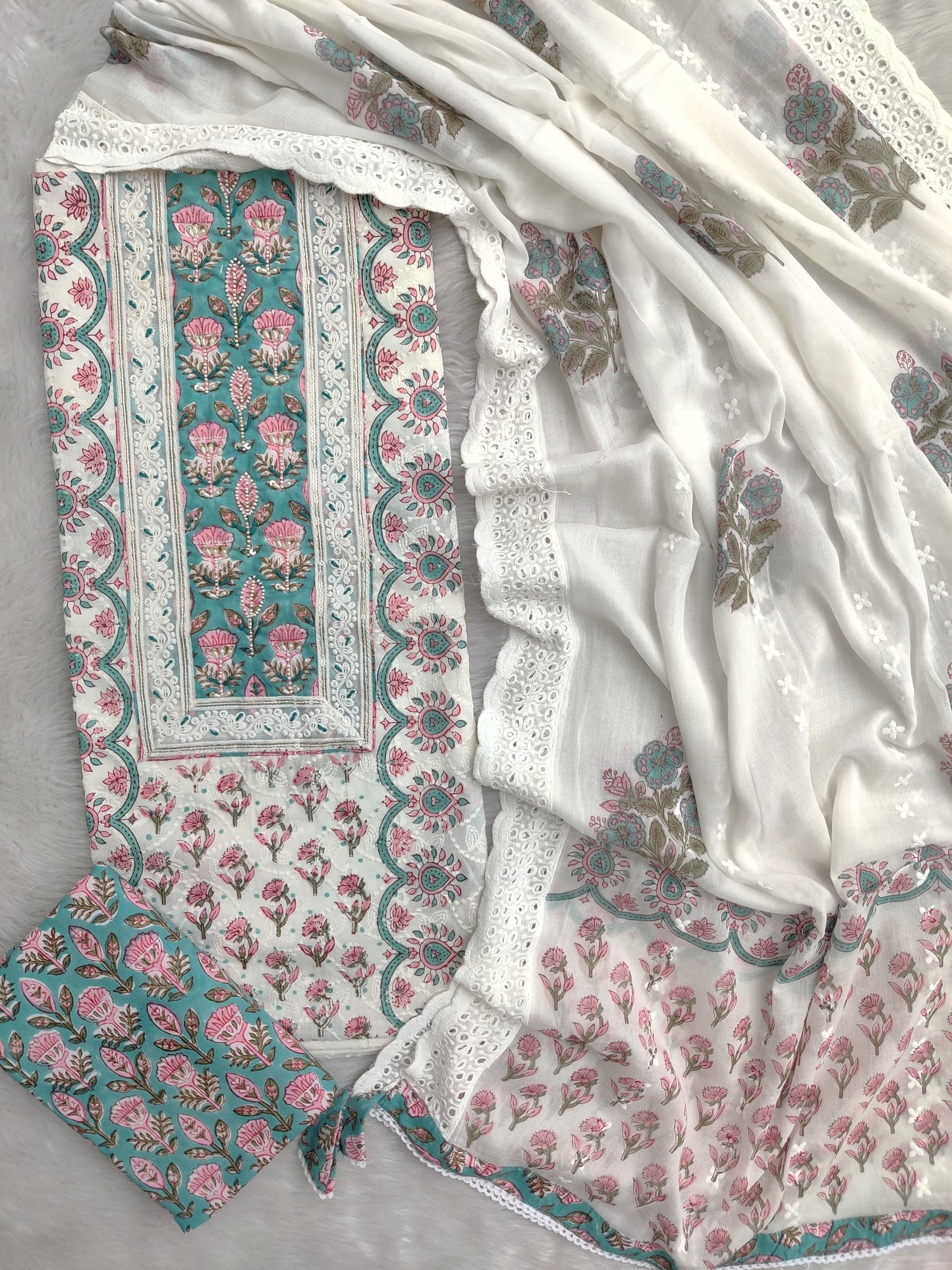 Exclusive Unstitched Cotton Suit with Mulmul Embroidery Dupatta