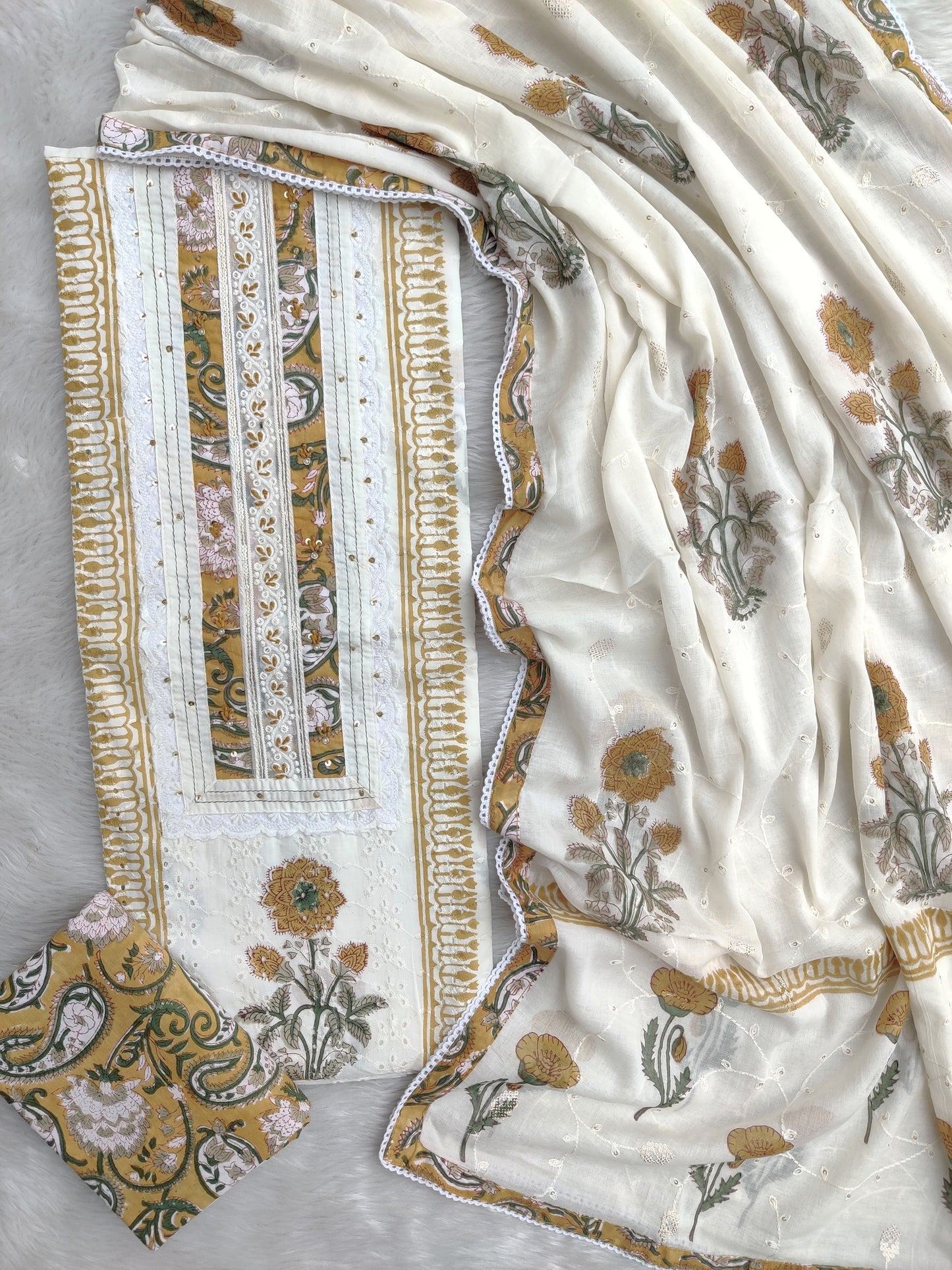 Exclusive Unstitched Cotton Suit with Mulmul Embroidery Dupatta