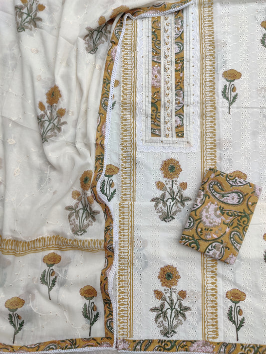 Exclusive Unstitched Cotton Suit with Mulmul Embroidery Dupatta