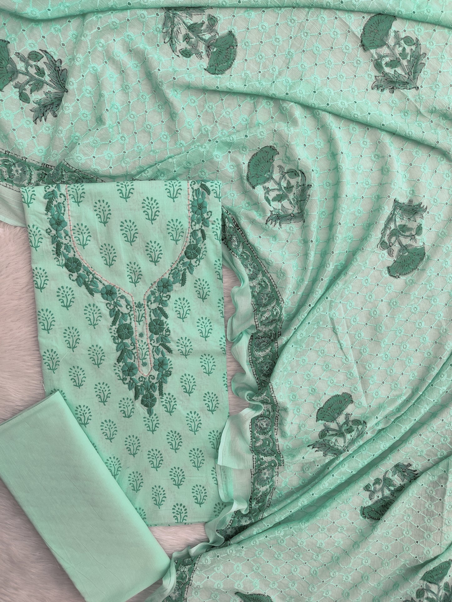 Exclusive Unstitched Hand Block Cotton Suit with Crochet Mulmul Hakoba Dupatta