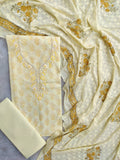 Exclusive Unstitched Hand Block Cotton Suit with Crochet Mulmul Hakoba Dupatta